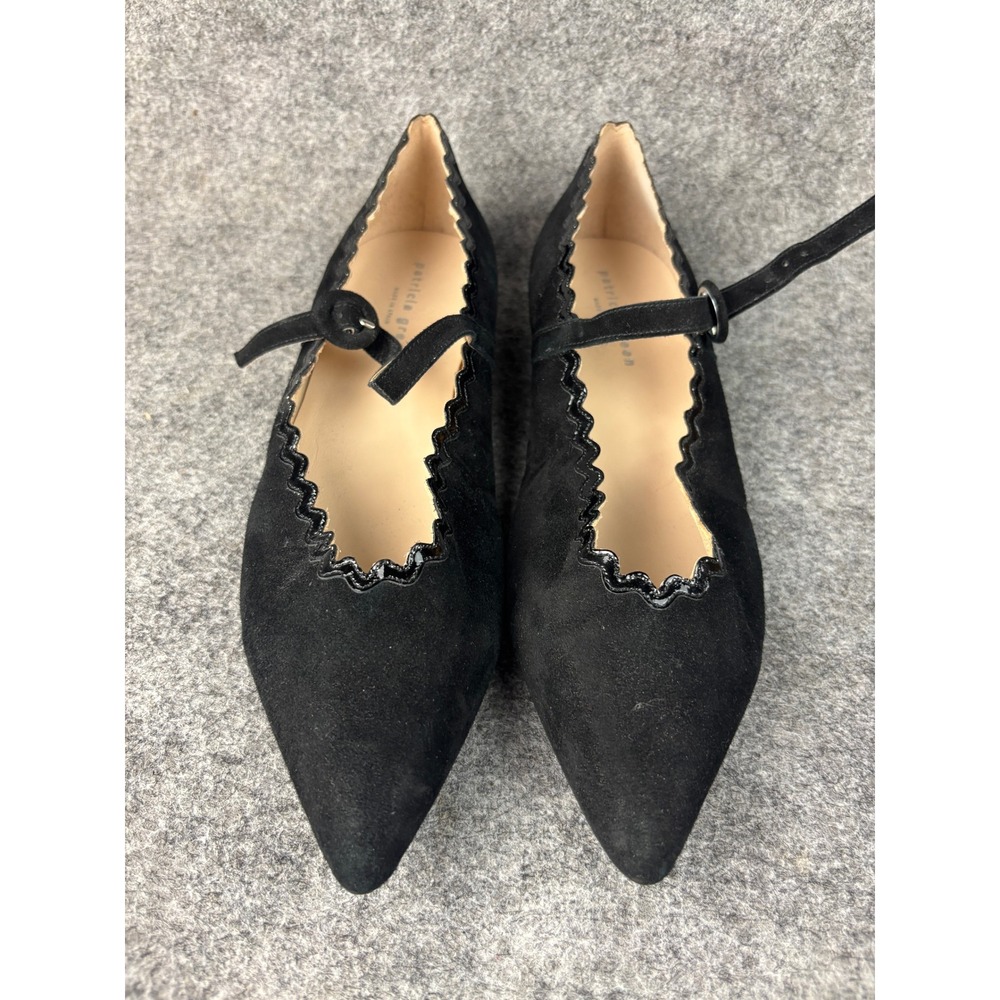 Patricia Green Mary Jane Flats Women 10 Black Suede Scalloped Pointed Toe Spain